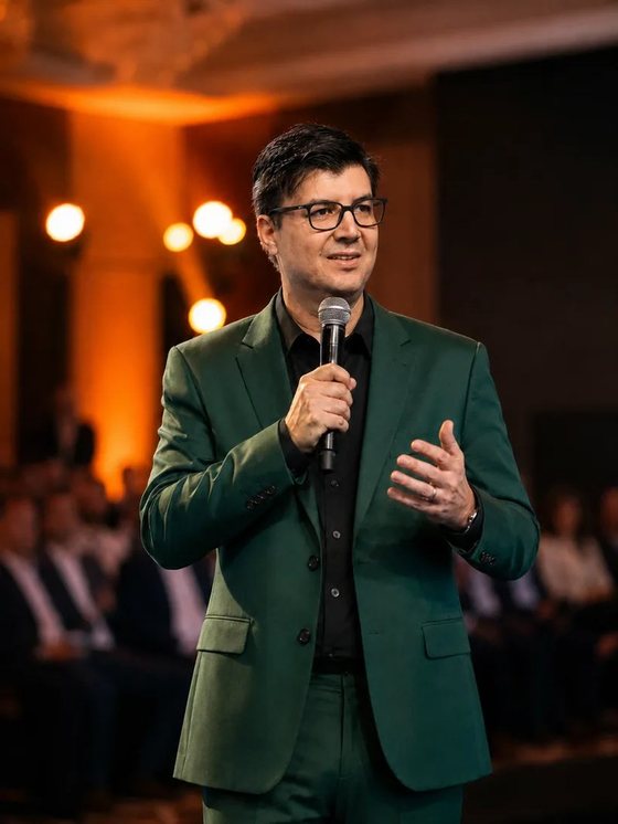 Professor Pastori no palco com microfone falando para a plateia